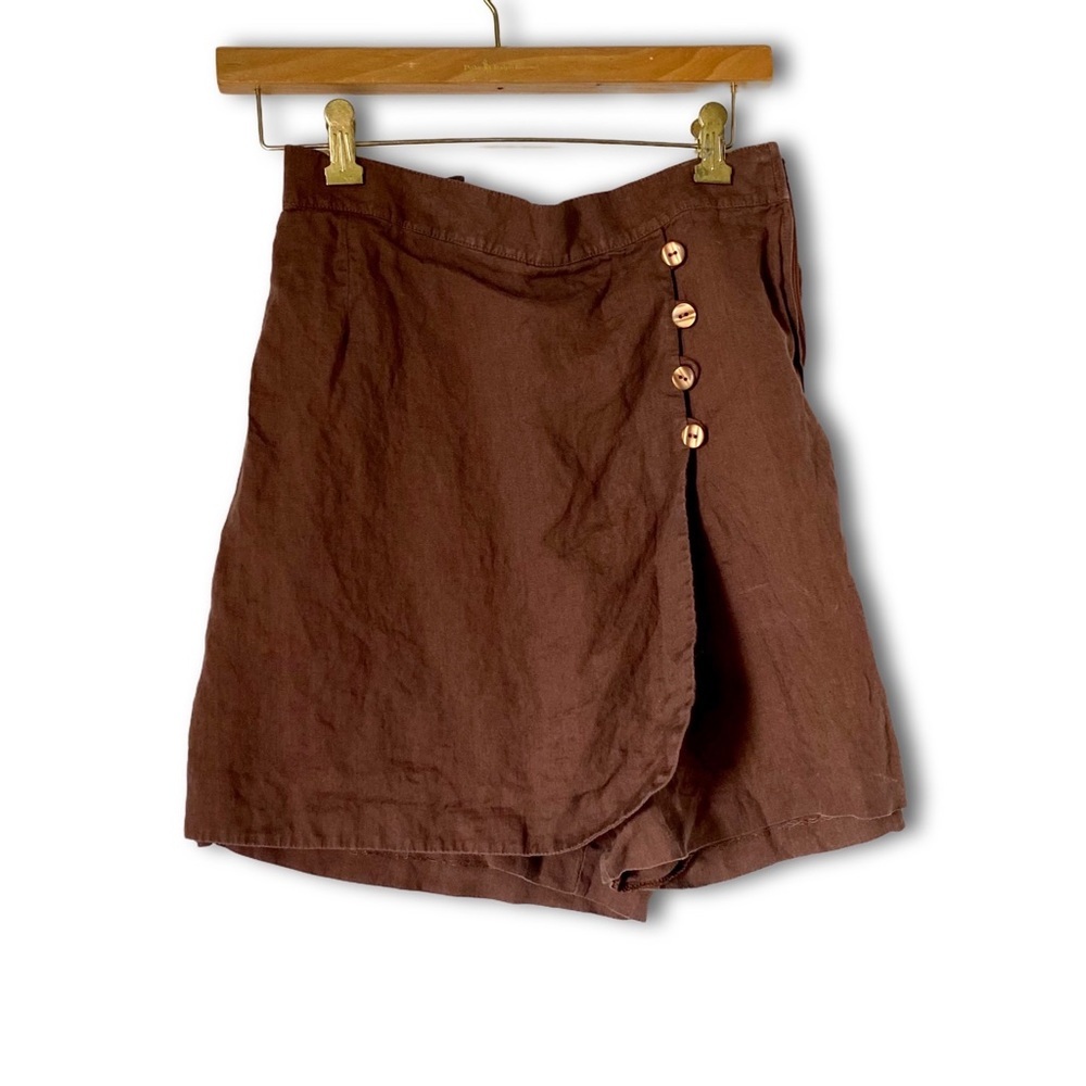 Women's Linen Wrap-Front Brown Mini 'Skort'